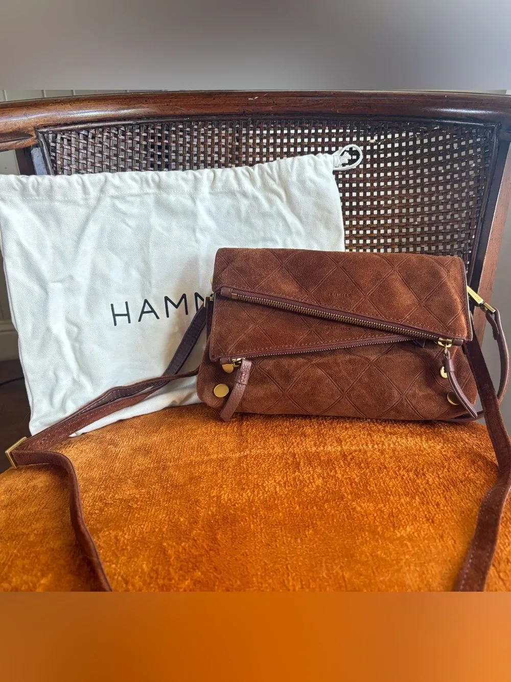 Hammitt Dillon Small Chocolate Diamond Suede Foldover Crossbody Antique Brass